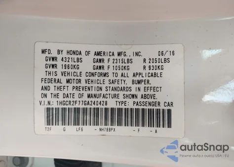 2016 Honda Accord Ex из США, поврежденный, VIN 1HGCR2F77GA240428